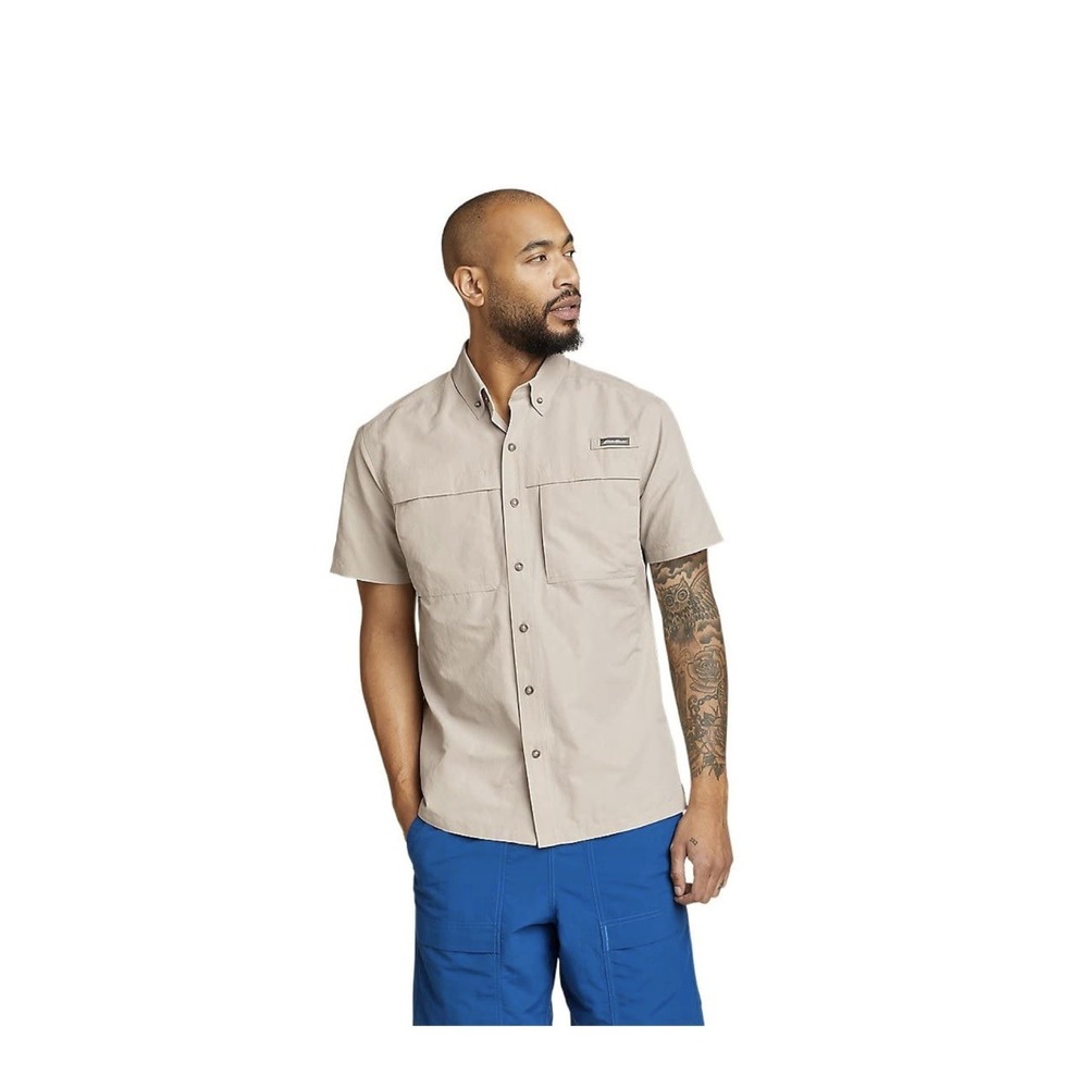 Eddie Bauer Men's hiking Short Sleeve Button Shirt Light Gray -M- NWT $60 (a22)